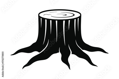 Illustration of a tree stump with visible roots and growth rings in a black and white style