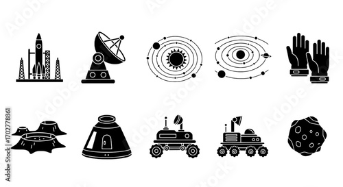 Monochrome Space Exploration Icons Rocket, Satellite, Gloves, Asteroid