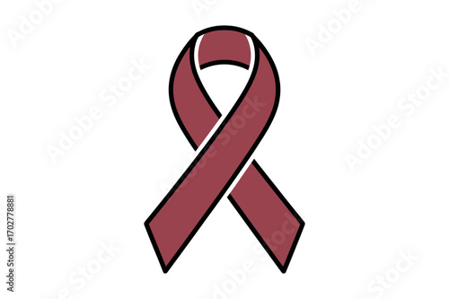 Illustration of a maroon awareness ribbon with a black outline on a white background image