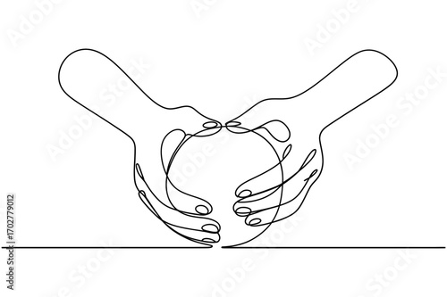 Continuous line drawing of two hands holding a sphere above a straight line surface art work