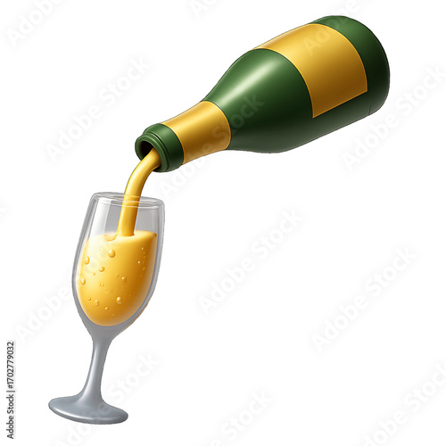 3D plastic icon of champagne pouring into flute isolated on transparent background