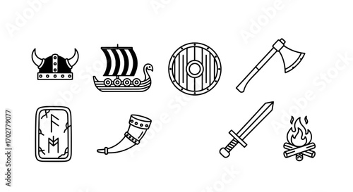 Viking Symbols Helmet, Ship, Shield, Axe, Sword, and Campfire Icons