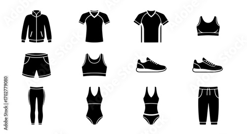 Collection of fitness clothing and equipment icons