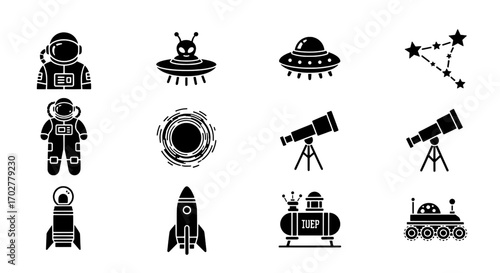 Space Exploration Icons Astronauts, UFOs, and Telescopes