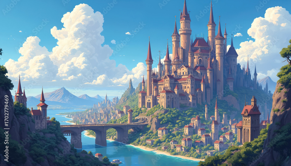 Fototapeta premium Pixel art fantasy cityscape with detailed architecture, cloudy sky. Majestic castle town on cliffside. Cityscape on sea, bridge, townscape. Illustration of beautiful fantasy world. Perfect for games,
