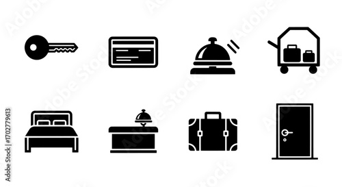 Hotel Icons - Key, Credit Card, Bell, Luggage Cart, Bed, Reception, Suitcase, Door