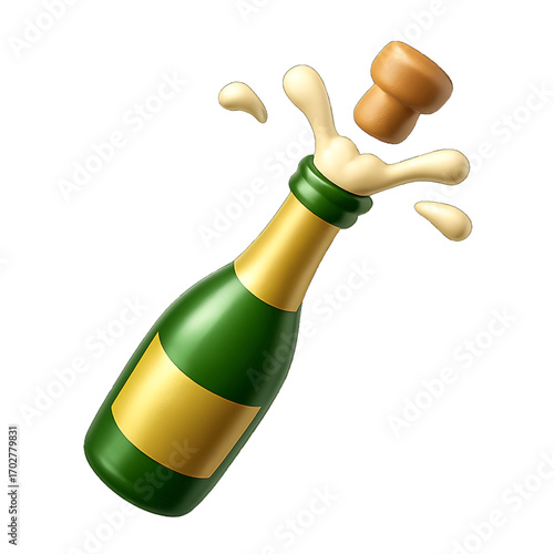 3D plastic icon of champagne bottle with popping cork isolated on transparent background