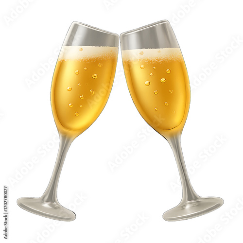 3D plastic icon of toasting champagne flutes isolated on transparent background