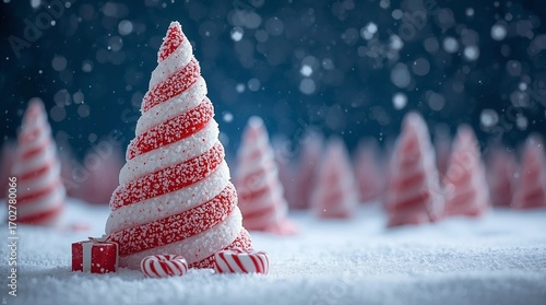 Festive candy cane Christmas tree covered with snow in magical winter landscape, holiday gift box and peppermint candy in snowy forest, seasonal New Year background with falling snow