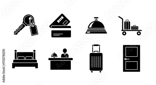 Hotel Icons Key, Card, Bell, Luggage, Bed, Reception, Suitcase, Door
