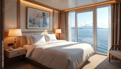 Luxury cruise ship stateroom features comfortable bed with ocean view. Modern cabin design offers relaxation  elegance with bright  peaceful ambiance. Enjoy sea travel with comfortable bedding 