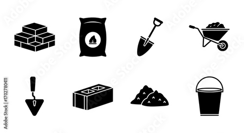 Construction Materials and Tools Icons Set
