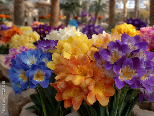 colorful jungle flowers (e.g., orchids, bromeliads) growing on tree trunks and branches