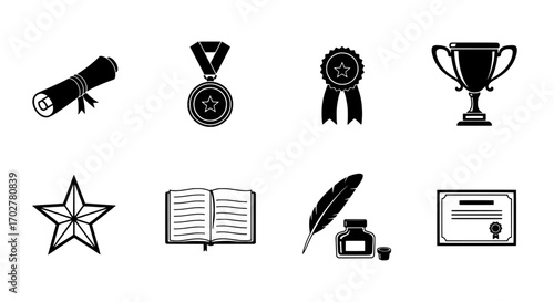 Collection of Academic and Achievement Icons Representing Success, Recognition, and Educational Milestones