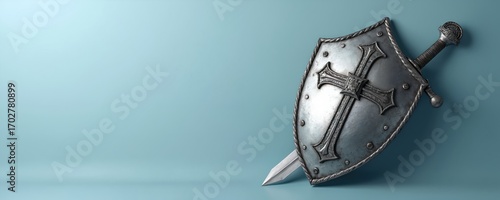 Silver medieval shield sword cross light blue background. Antique weapon, knight armor, historic defense. Medieval battle concepts like courage, protection, and religious symbolism of christian faith.