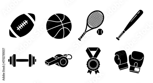 A collection of black silhouette sports equipment and athletic icons