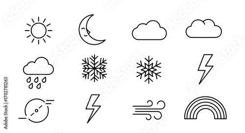 Weather Icons Sun, Moon, Cloud, Rain, Snow, Lightning, Wind