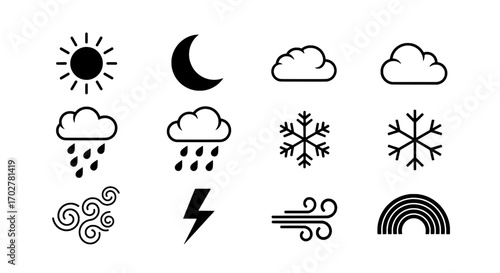 Comprehensive Weather Forecast Icon Set for Digital Designs and Climate Representation