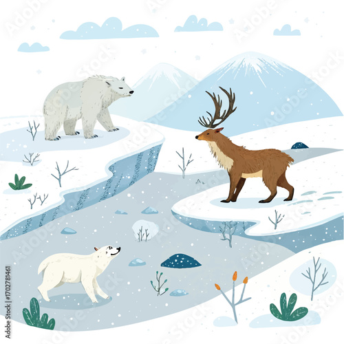 Illustration of Arctic Wildlife with Polar Bear, Reindeer, and Fox on Snowy Ice