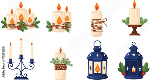 Holiday candle and lantern collection with foliage, twine, and star cutouts—perfect for winter decor, celebration themes, and cozy design.