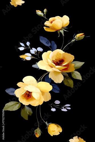 A vertical image showcasing a delicate arrangement of pale yellow roses and buds, artistically rendered against a stark black backdrop.  The roses are depicted with soft, p