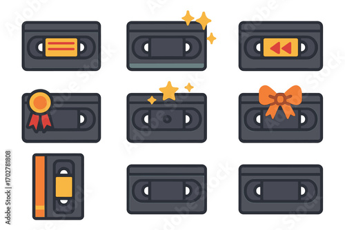 Retro media flat icon set. featuring vhs tape, ribbon, stars, rewind, play, and award symbols