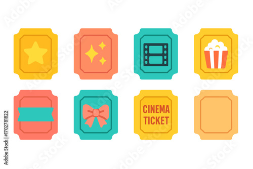 Cinema theme flat icon set. featuring star, sparkle, film, popcorn, ribbon, bow, ticket icons