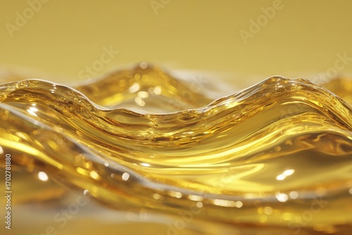 Close-up of golden liquid undulating in gentle waves, showcasing its viscous texture and reflective surface with highlights and shadows