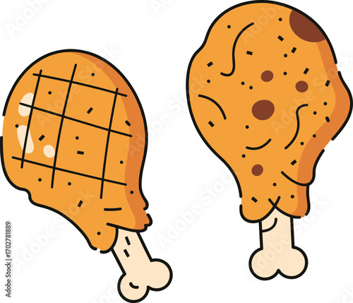 Cartoon chicken drumsticks with varied textures and seasoning—ideal for food design, culinary themes, kids’ content, and recipe illustrations.