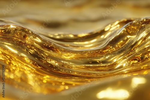 Close-up of undulating, reflective, golden liquid, showcasing its viscous texture and shimmering surface with subtle highlights and shadows