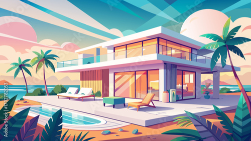 Bright contemporary beach villa with airy interiors, subtle pastel accents, and shaded outdoor lounge, set against a backdrop of gentle waves and endless sky.
