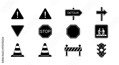Roadwork and Construction Signs Caution, Detour, Stop, Traffic Cone Illustrations