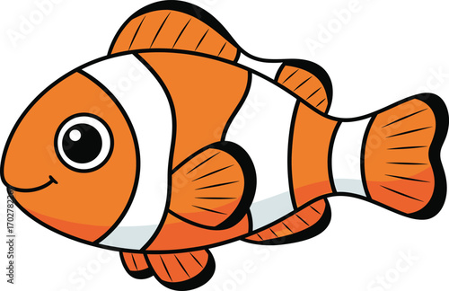 Fototapeta Cartoon clownfish with orange body and white stripes—perfect for marine design, kids’ content, ocean education, and coral reef themes