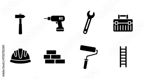 Construction and Repair Tools Silhouette Icons for DIY Projects