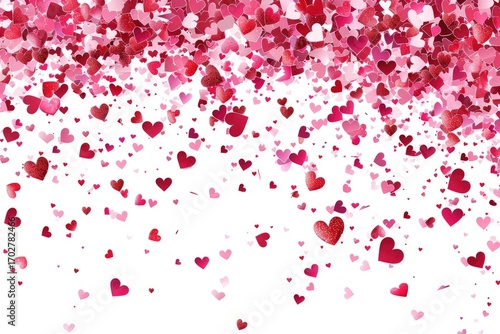 A white background features a dense scattering of pink and red hearts of varying sizes, cascading downwards from the top edge, creating a romantic and celebratory feel