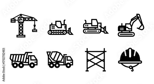 Construction Equipment Icons Crane, Bulldozer, Excavator, Dump Truck, Cement Mixer