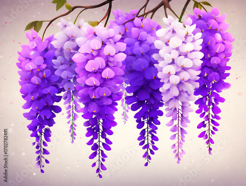 elegant seamless pattern of stylized wisteria (fuji) blossoms in shades of purple and white cascadin