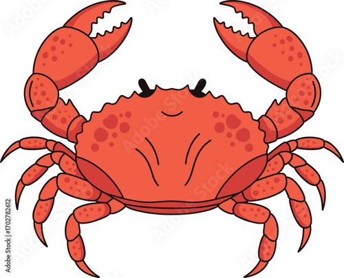 Cartoon red crab with raised claws and smiling face—perfect for marine design, kids’ content, seafood themes, and ocean education.