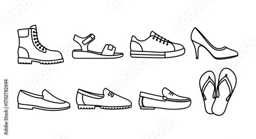 Assorted footwear line art collection - Variety of shoes icon set