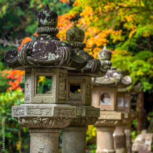 Stone lanterns in autumn foliage