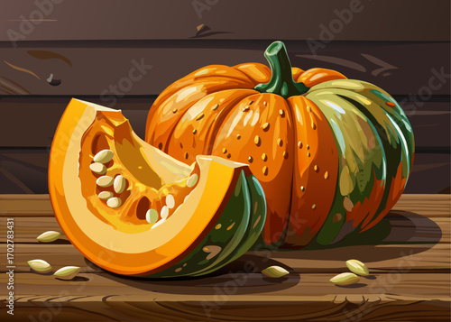 Pumpkin Cut in Half Showing Seeds and Pulp