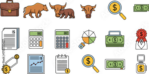 Financial and business icons set for market trends, investment, analysis, money management, economy, strategy, vector illustration pack