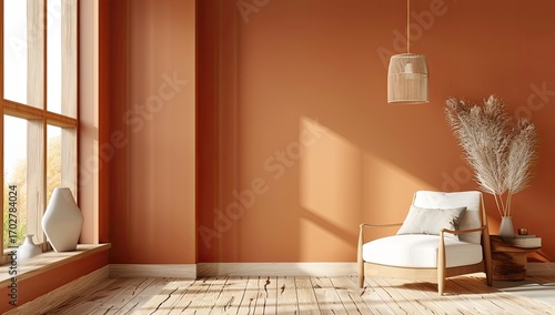 Sunlit room with terracotta walls, wooden floors, a white armchair, and pampas grass