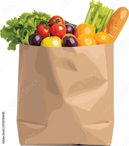 Brown paper grocery bag with fresh produce and bread—ideal for healthy eating, nutrition themes, shopping design, and lifestyle content.