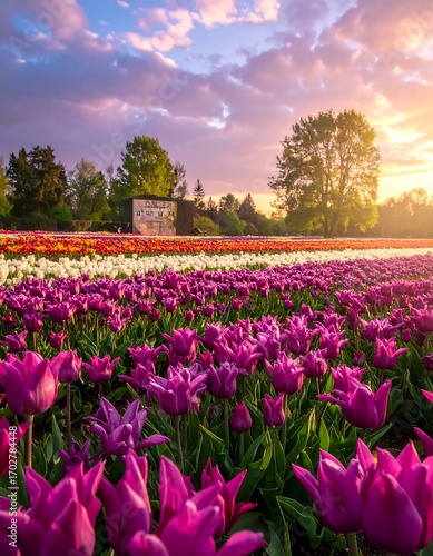 Colorful tulip field at sunset