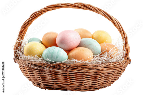 Colorful eggs in a wicker basket