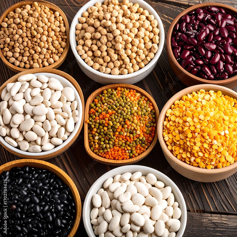 Fototapeta premium Variety of legumes in white and brown bowls on a dark wooden surface