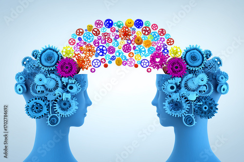 Two Human Heads Sharing Knowledge with Colorful Gears