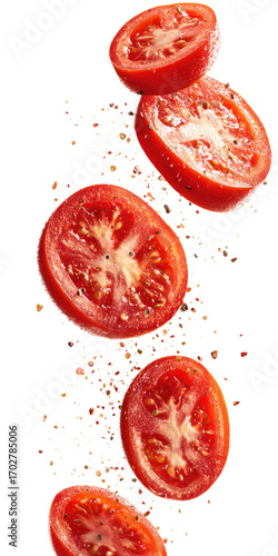 Sliced tomatoes in mid-air, vibrant red, with a dark background