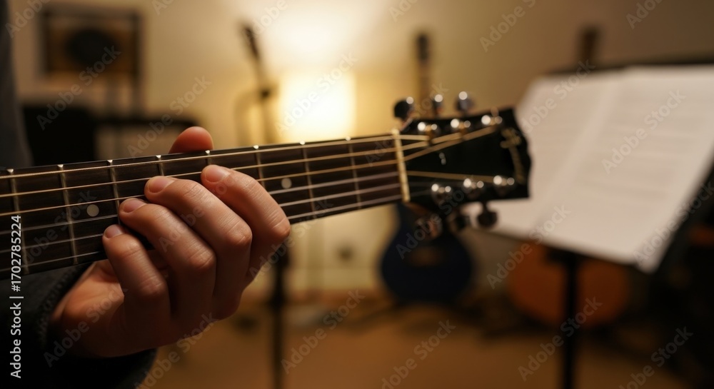 Fototapeta premium Guitar Chord Practice: Close-Up of Fretboard and Hand